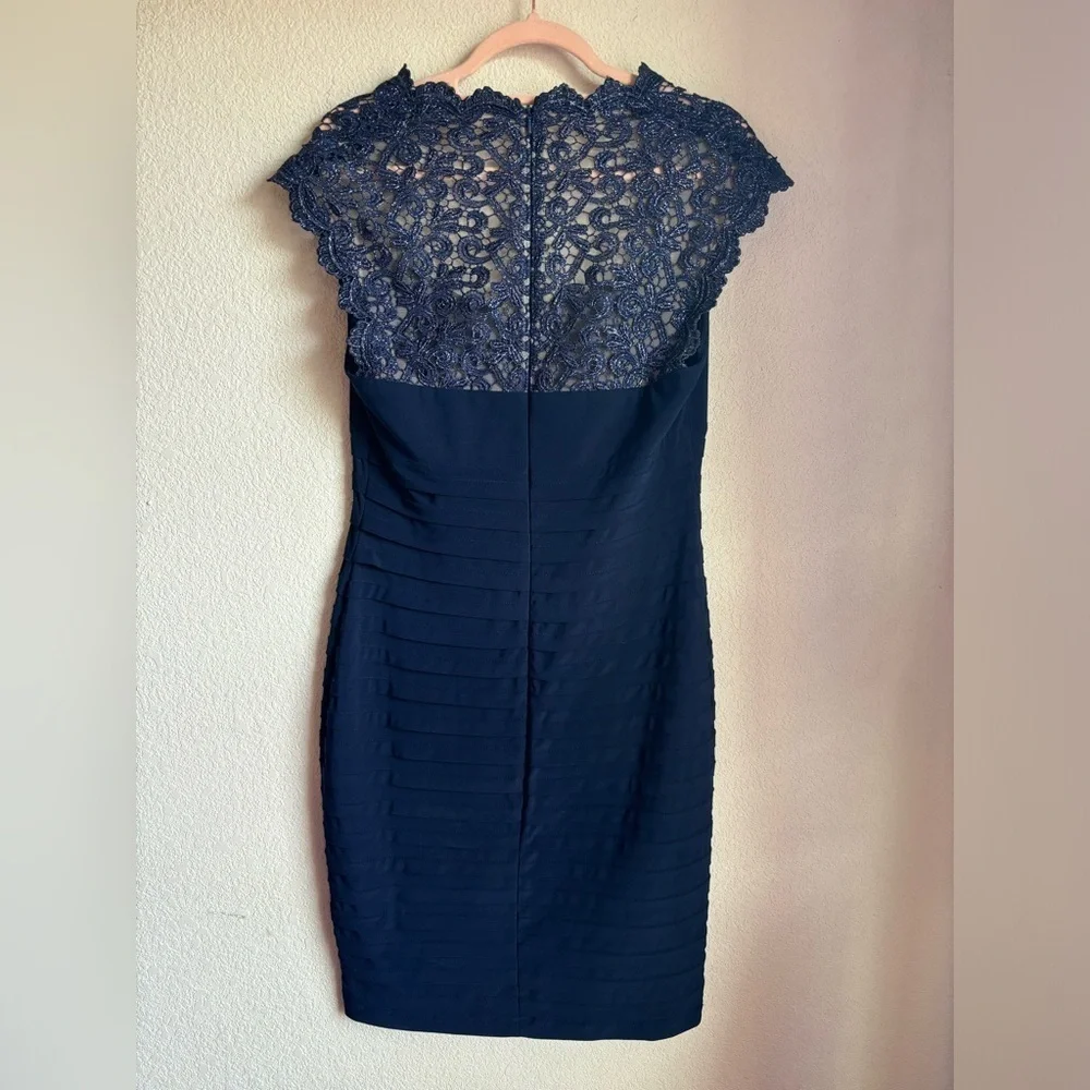 Xscape Navy Blue Lace Cap Sleeve Bodycon Jersey Special Occasion Sheath Dress 10 - Picture 8 of 12
